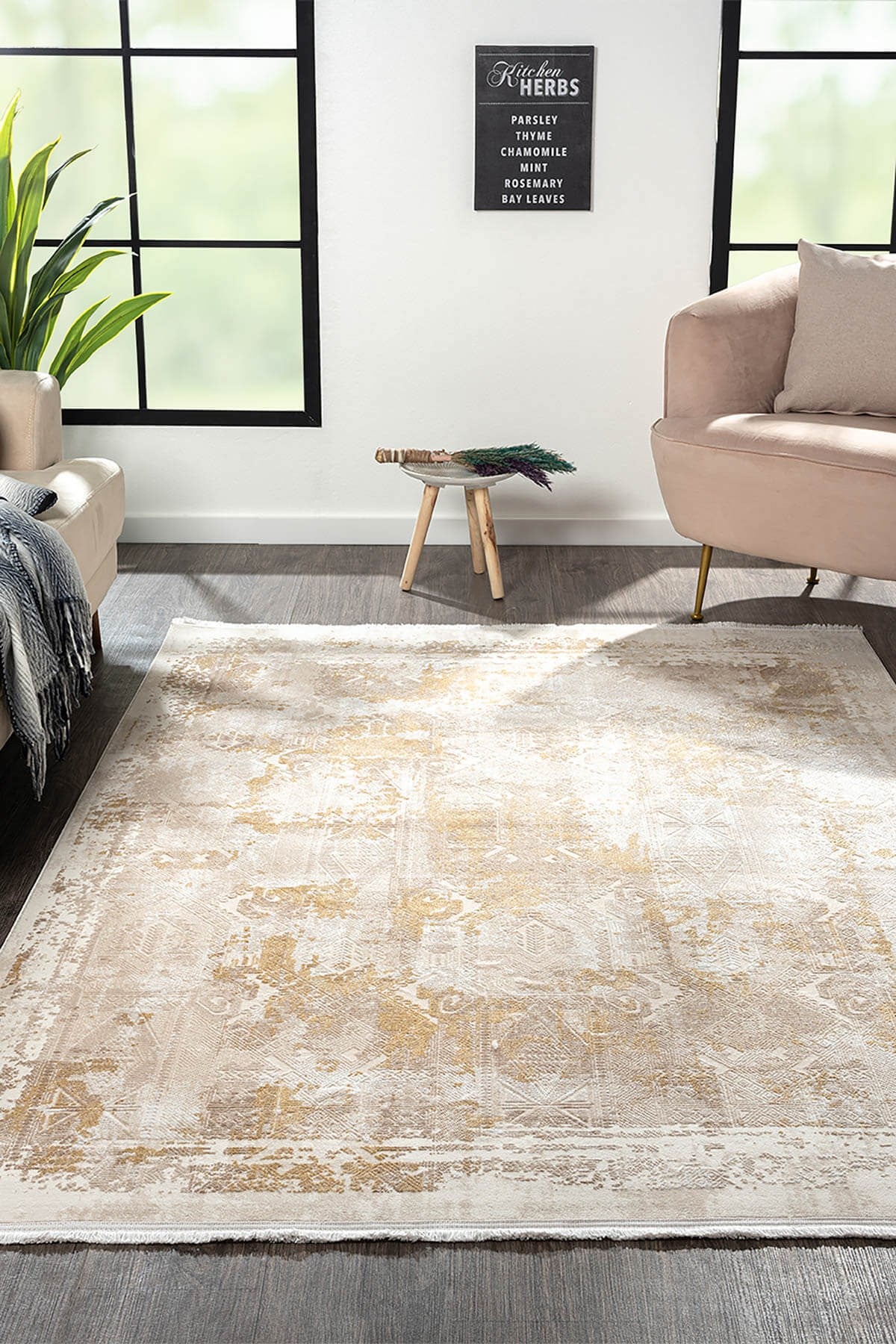MERIT MR003S KREM HALI GOLD DETAYLI INCE YUMUSAK AKRILIK TOZUAZ MODERN SALON HALISI KORIDOR HALISI — Görsel 5