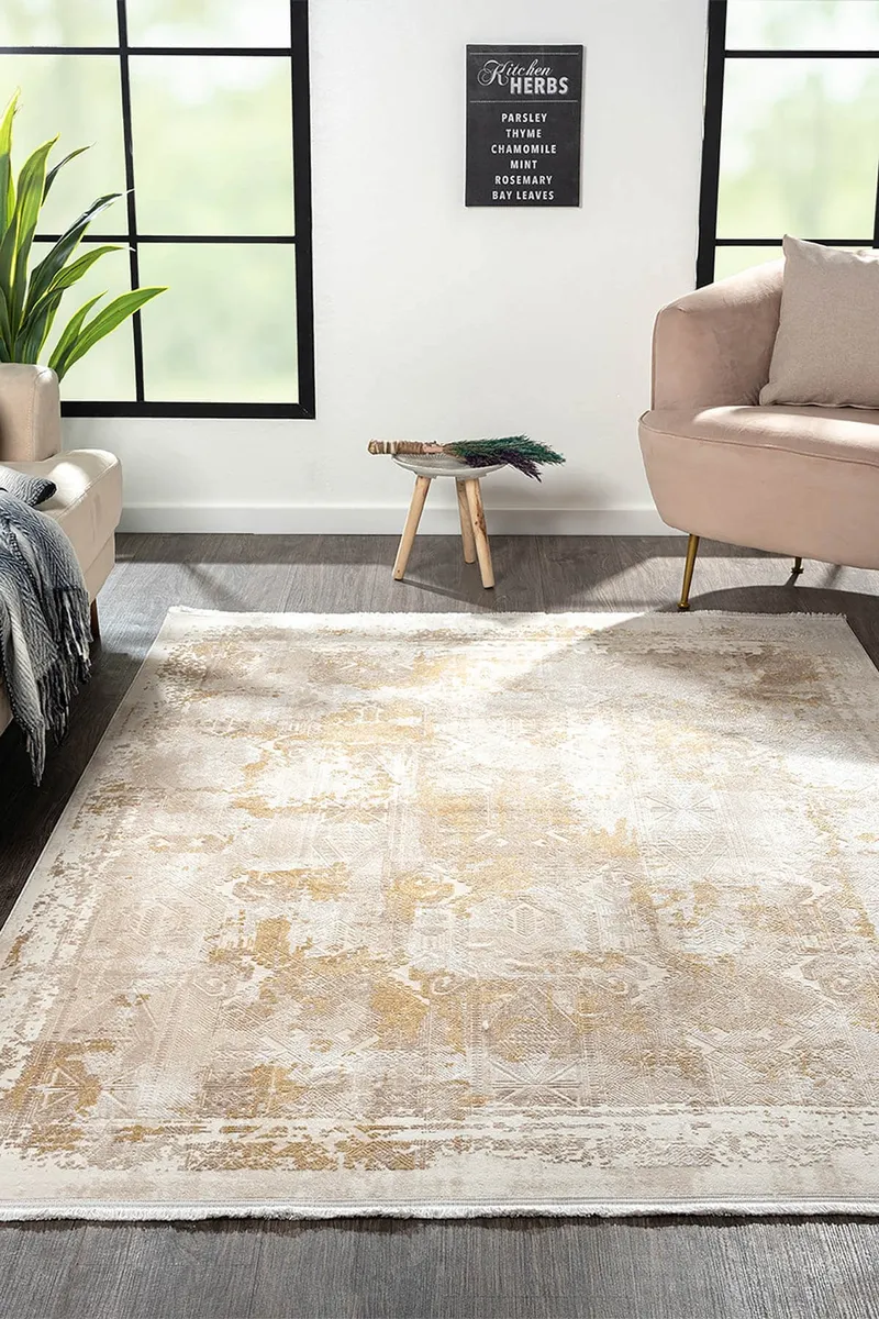 MERIT MR003S KREM HALI GOLD DETAYLI INCE YUMUSAK AKRILIK TOZUAZ MODERN SALON HALISI KORIDOR HALISI — Görsel 5