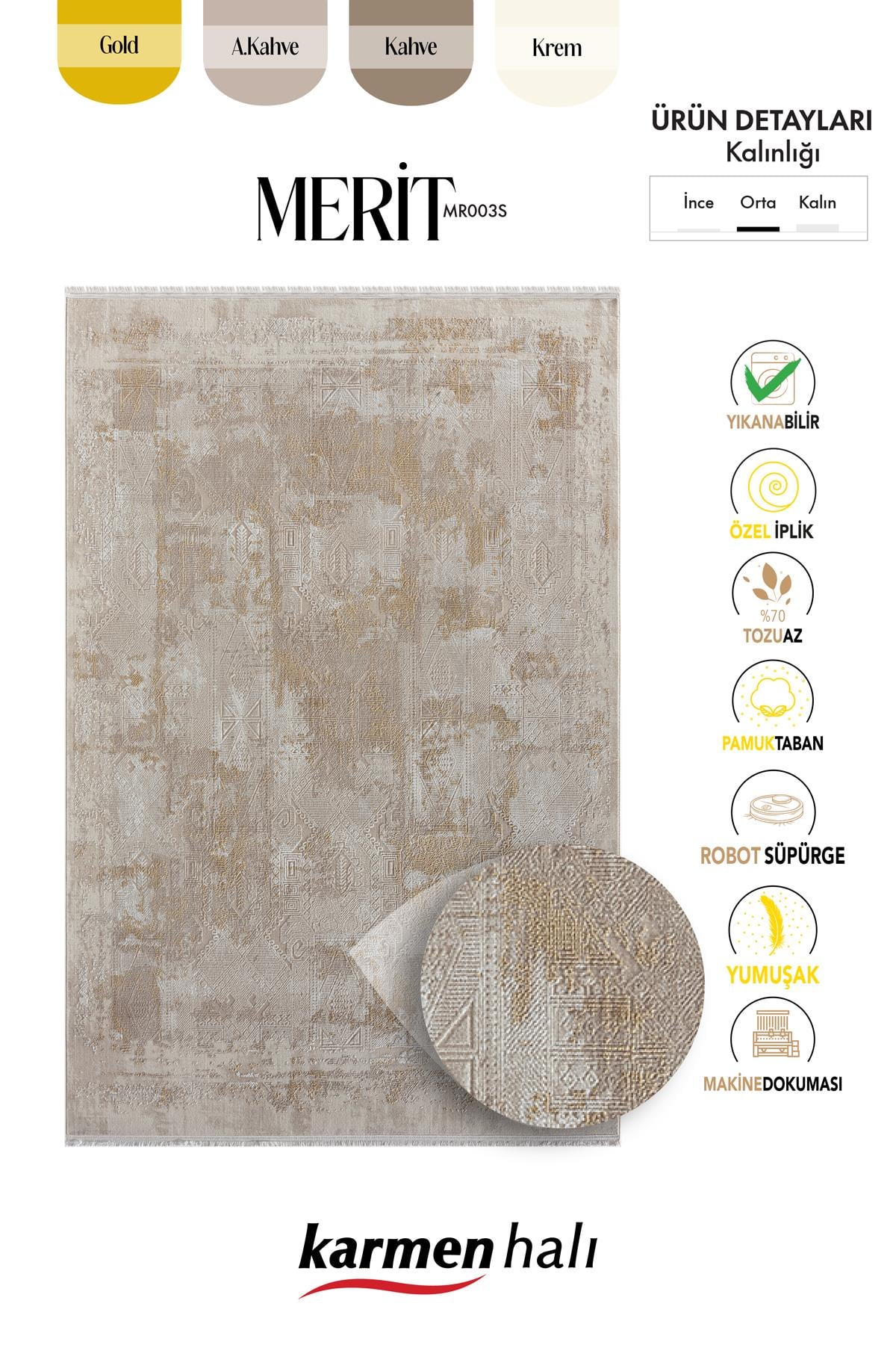 MERIT MR003S KREM HALI GOLD DETAYLI INCE YUMUSAK AKRILIK TOZUAZ MODERN SALON HALISI KORIDOR HALISI — Görsel 6