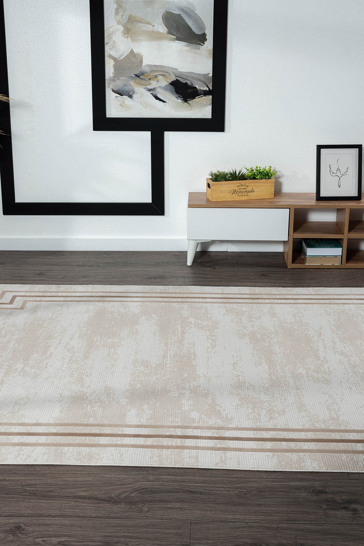 MERIT MR004A KREM HALI KAHVERENGI KENAR CERCEVELI INCE YUMUSAK AKRILIK TOZUAZ MODERN SALON HALISI — Görsel 5