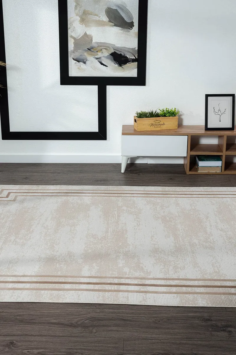 MERIT MR004A KREM HALI KAHVERENGI KENAR CERCEVELI INCE YUMUSAK AKRILIK TOZUAZ MODERN SALON HALISI — Görsel 5