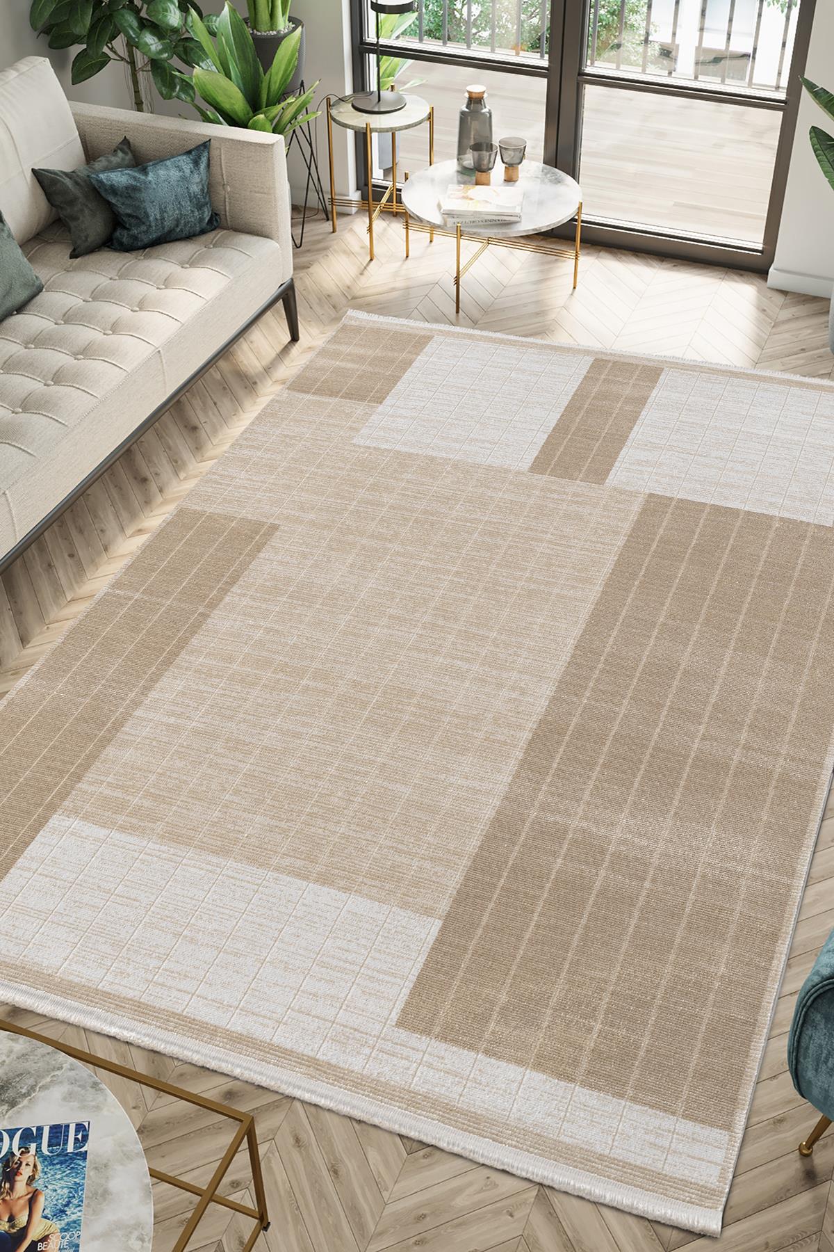 MERIT MR008A KREM HALI VIZON GEOMETRIK DESENLI INCE YUMUSAK AKRILIK MODERN SALON OTURMA ODASI HALISI — Görsel 2
