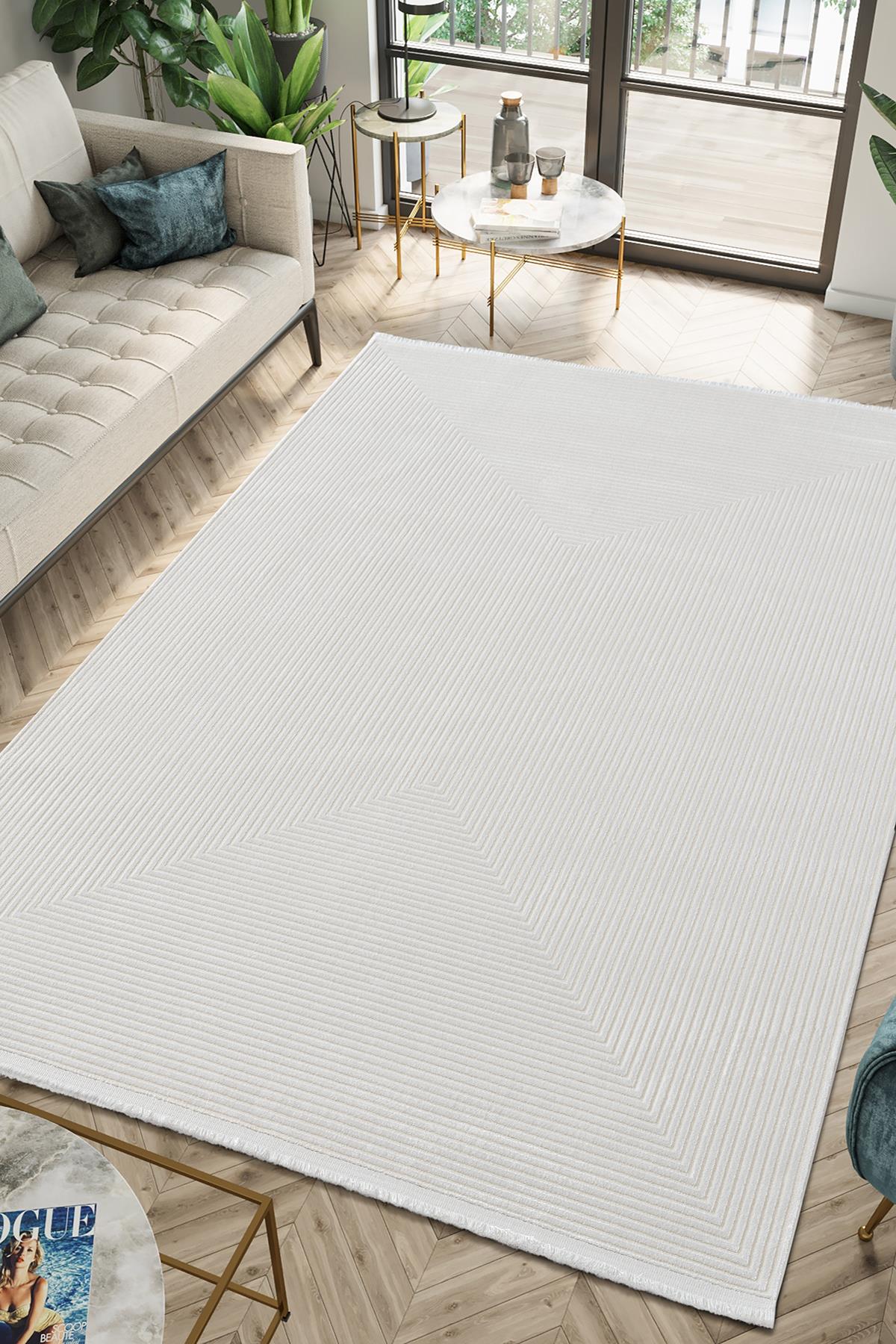 MERIT MR009A KREM HALI GEOMETRIK DETAYLI INCE YUMUSAK AKRILIK MODERN SALON OTURMA ODASI HALISI — Görsel 2