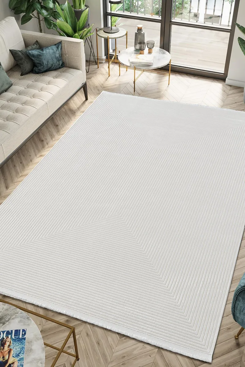 MERIT MR009A KREM HALI GEOMETRIK DETAYLI INCE YUMUSAK AKRILIK MODERN SALON OTURMA ODASI HALISI — Görsel 2
