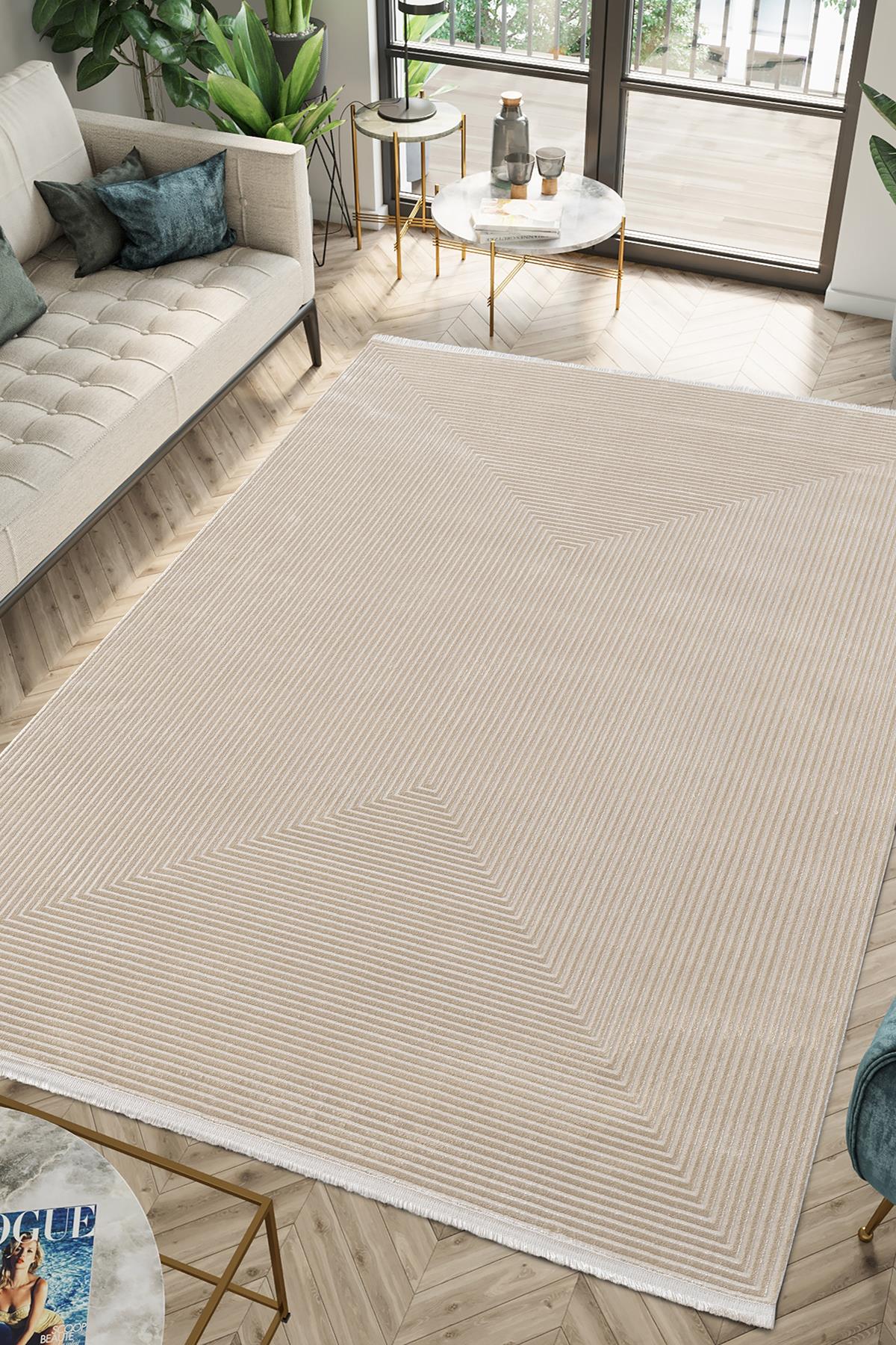 MERIT MR010A KREM HALI VIZON BEJ GEOMETRIK DETAYLI INCE YUMUSAK AKRILIK MODERN SALON HALISI — Görsel 2