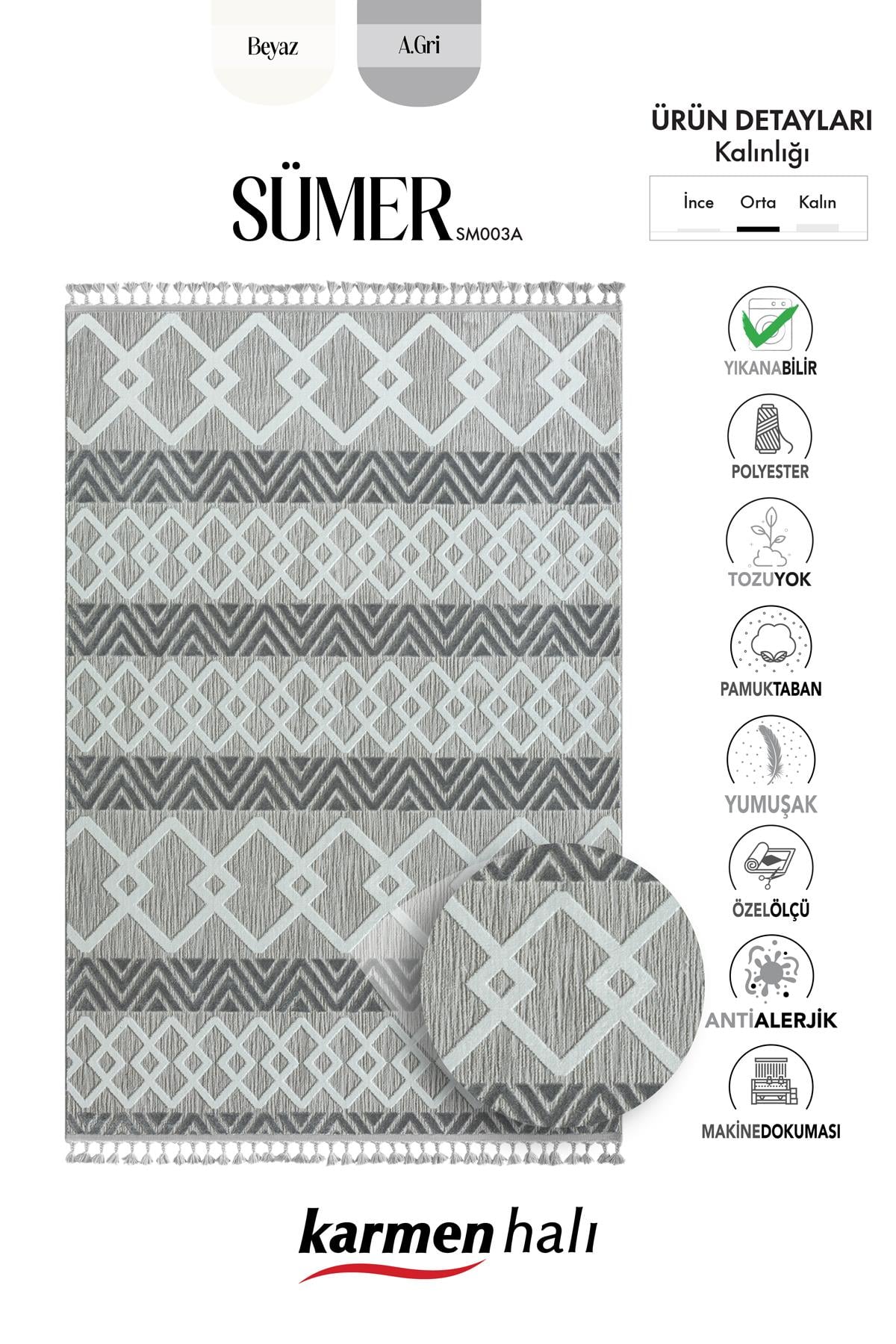 SUMER SM003A GRI HALI ISKANDINAV DESEN DEKORATIF MODERN TOZUYOK SALON HALISI KORIDOR — Görsel 6