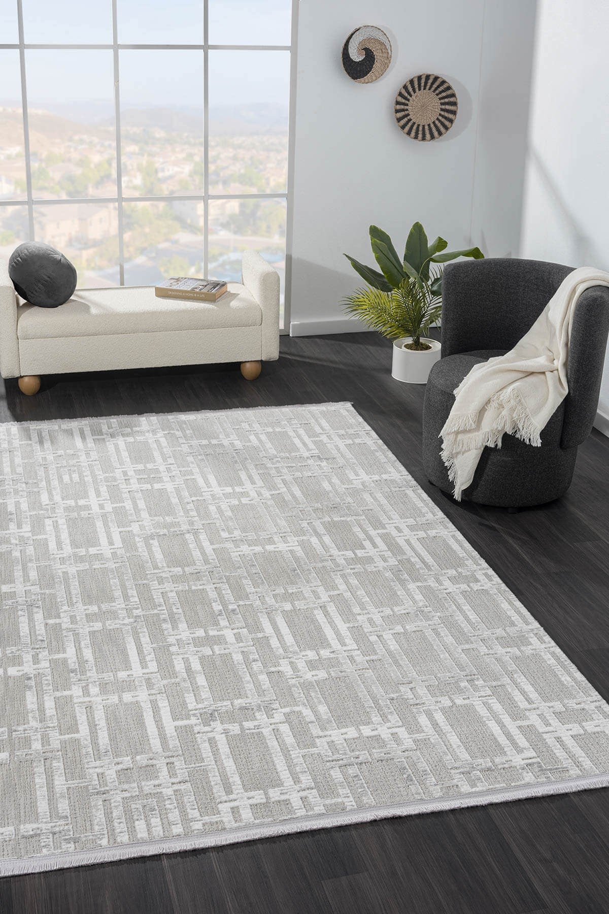 SUMER SM007A GRI HALI GEOMETRIK DESEN DEKORATIF MODERN TOZUYOK SALON YATAK ODASI KORIDOR — Görsel 2