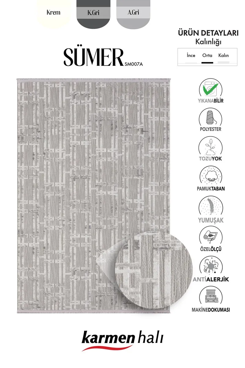 SUMER SM007A GRI HALI GEOMETRIK DESEN DEKORATIF MODERN TOZUYOK SALON YATAK ODASI KORIDOR — Görsel 6
