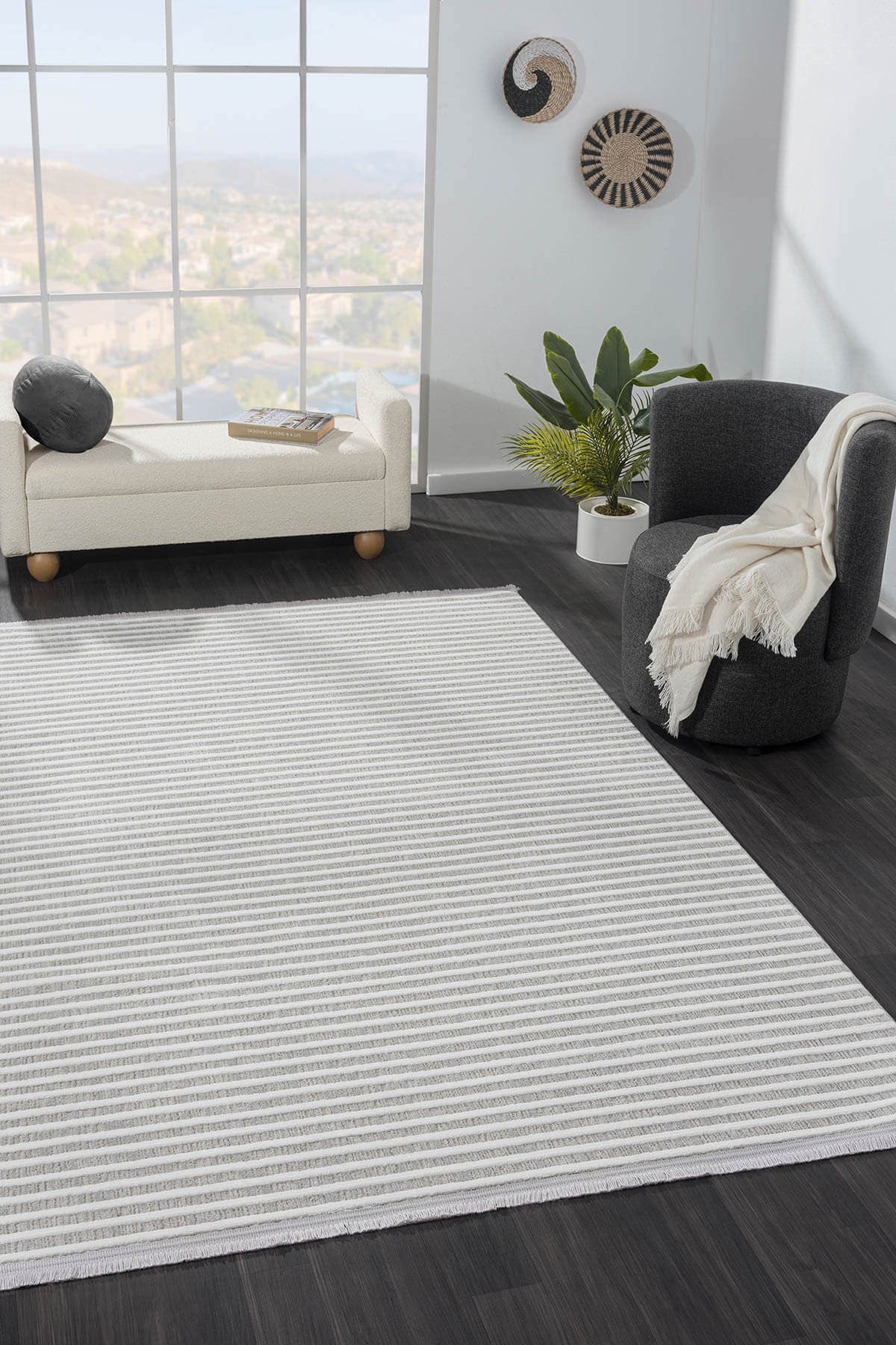 SUMER SM008A GRI BEYAZ CIZGI DESEN HALI DEKORATIF MODERN TOZUYOK SALON HALISI KORIDOR — Görsel 2