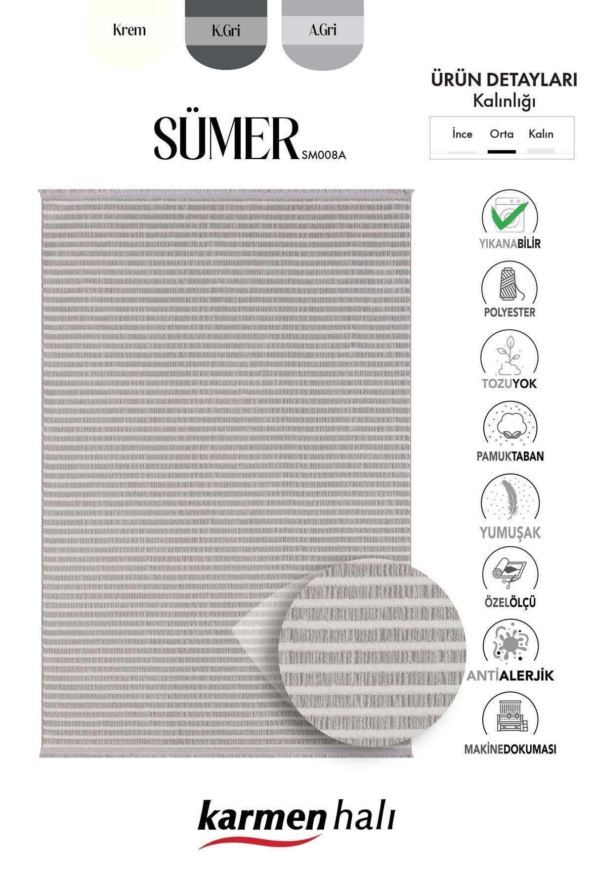 SUMER SM008A GRI BEYAZ CIZGI DESEN HALI DEKORATIF MODERN TOZUYOK SALON HALISI KORIDOR — Görsel 6