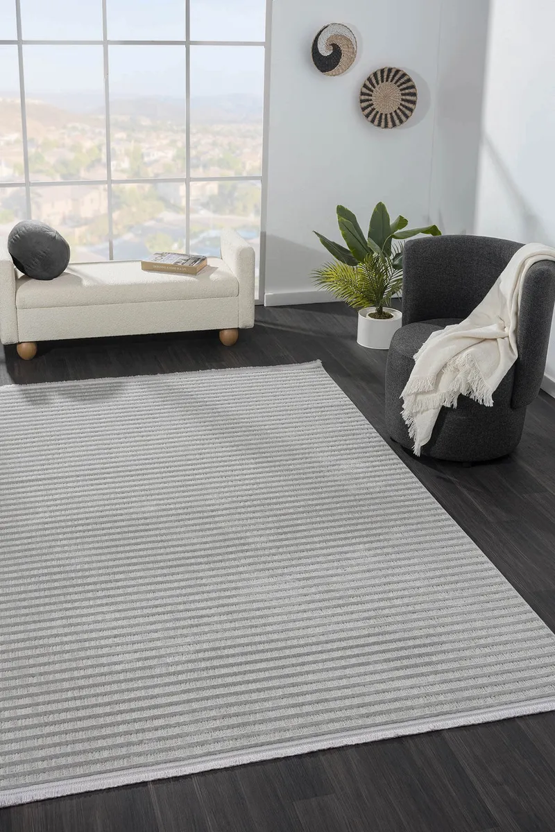 SUMER SM008G GRI ANTRASIT CIZGI DESEN HALI DEKORATIF MODERN TOZUYOK SALON HALISI KORIDOR — Görsel 2
