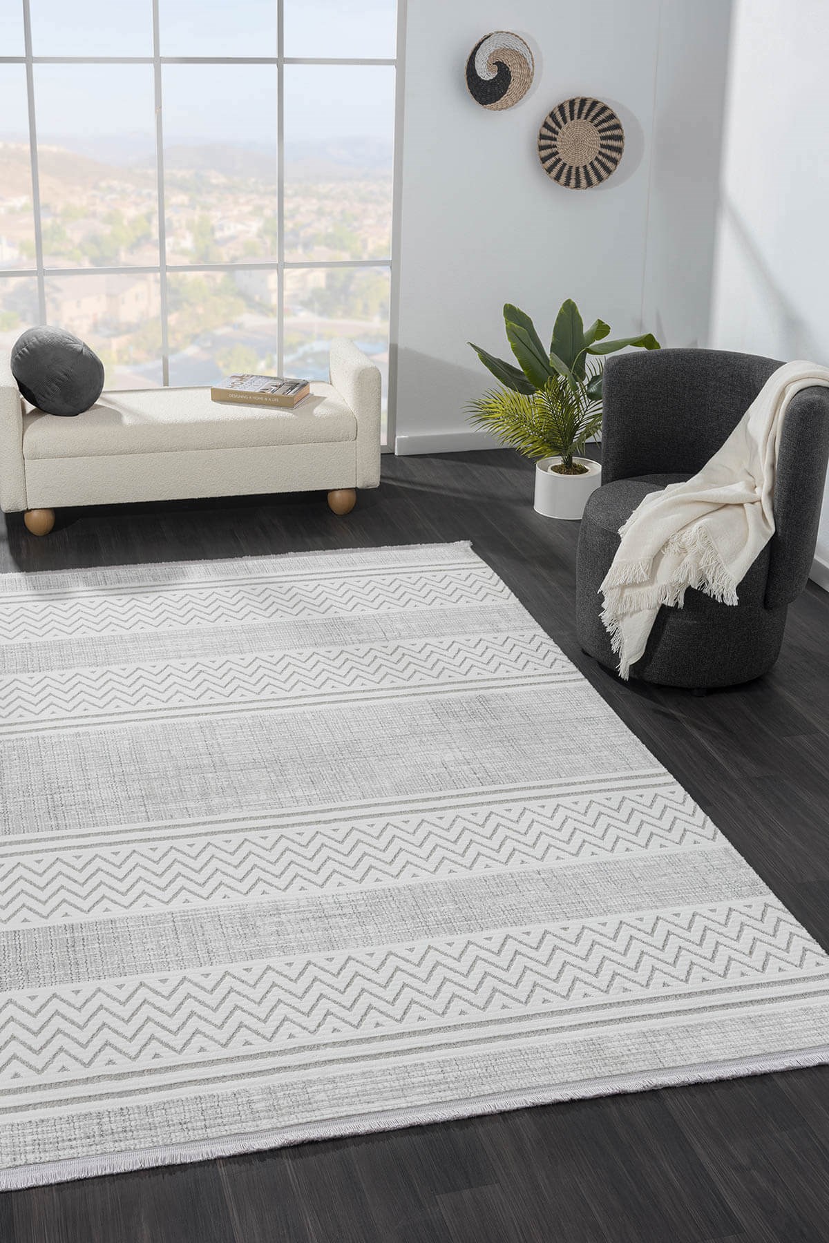 SUMER SM009A GRI BEYAZ DETAYLI HALI ISKANDINAV DESEN DEKORATIF MODERN TOZUYOK — Görsel 2