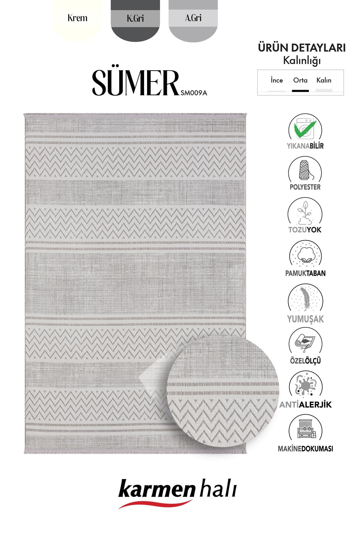 SUMER SM009A GRI BEYAZ DETAYLI HALI ISKANDINAV DESEN DEKORATIF MODERN TOZUYOK — Görsel 6