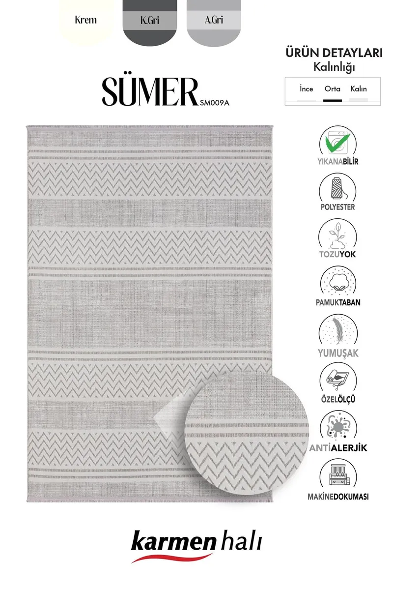 SUMER SM009A GRI BEYAZ DETAYLI HALI ISKANDINAV DESEN DEKORATIF MODERN TOZUYOK — Görsel 6