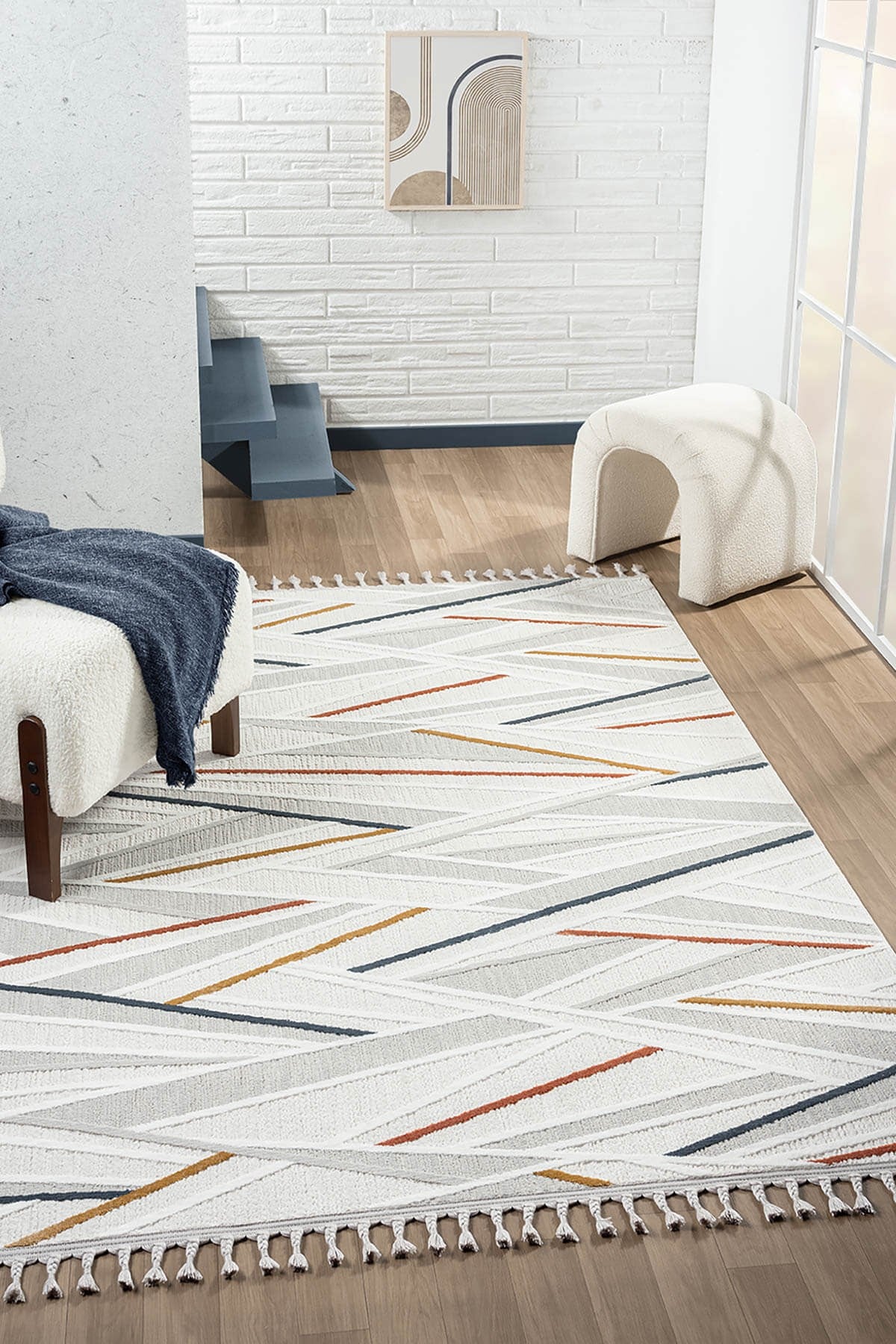 SUMER SM013A KREM RENGI HALI RENKLI GEOMETRIK DESENLI DEKORATIF MODERN SALON HALISI — Görsel 2