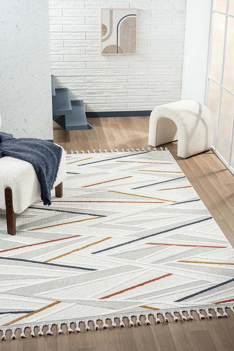 SUMER SM013A KREM RENGI HALI RENKLI GEOMETRIK DESENLI DEKORATIF MODERN SALON HALISI — Görsel 2