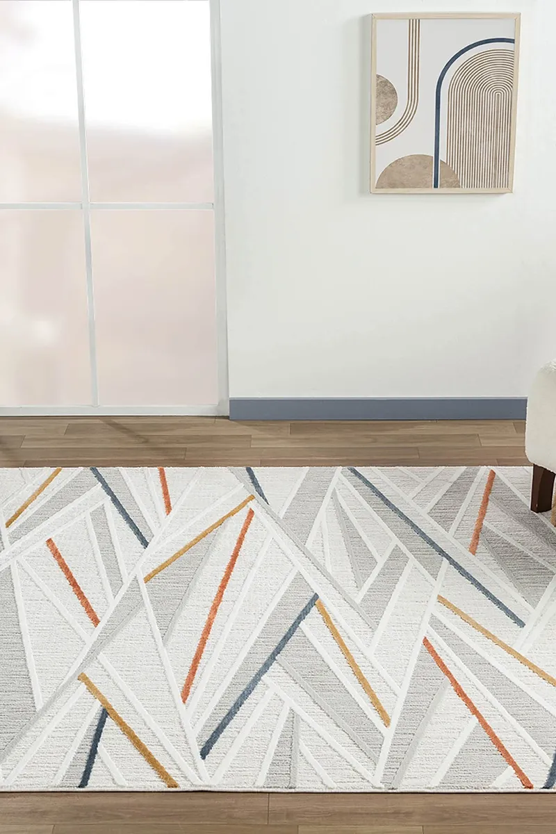 SUMER SM013A KREM RENGI HALI RENKLI GEOMETRIK DESENLI DEKORATIF MODERN SALON HALISI — Görsel 5