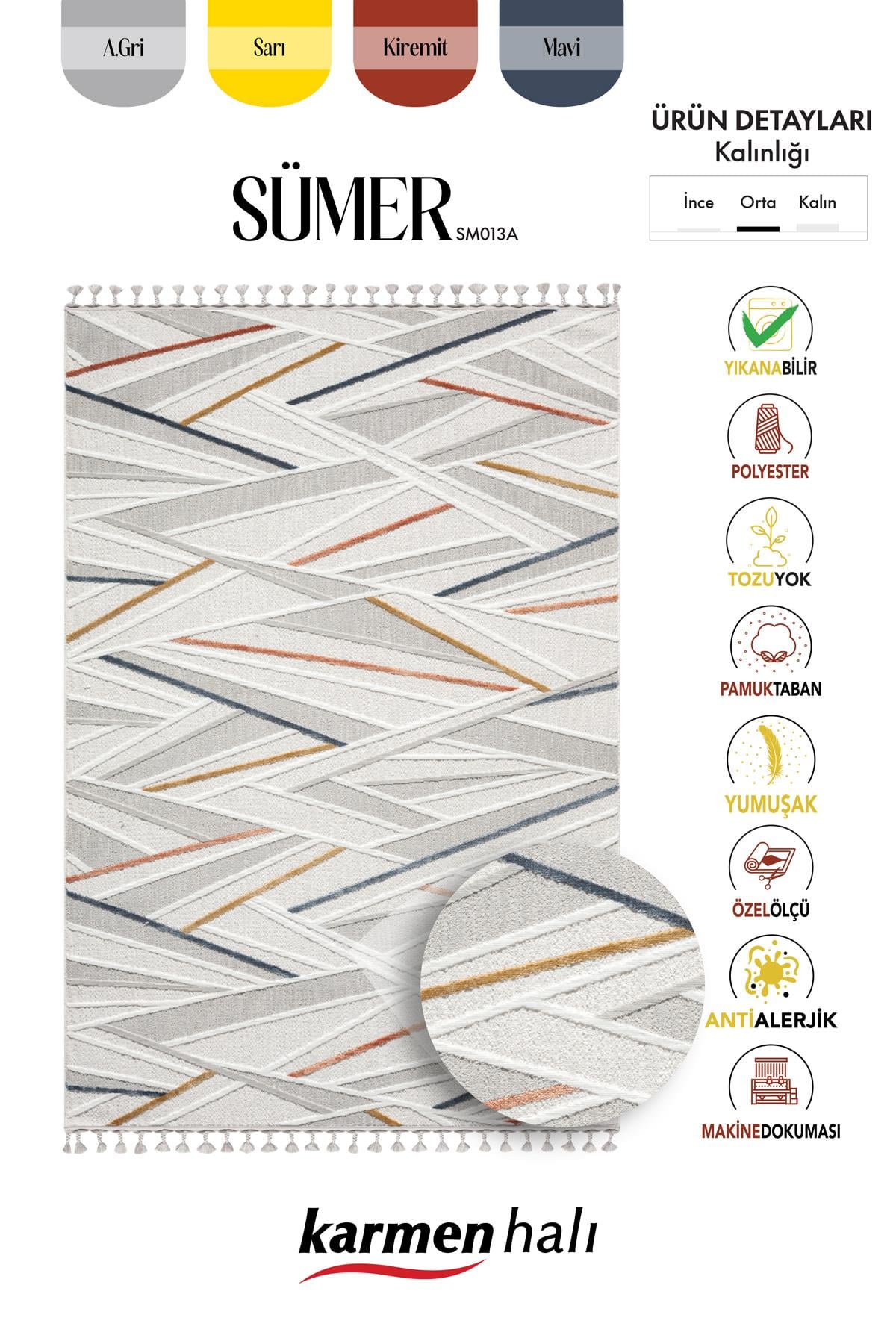SUMER SM013A KREM RENGI HALI RENKLI GEOMETRIK DESENLI DEKORATIF MODERN SALON HALISI — Görsel 6