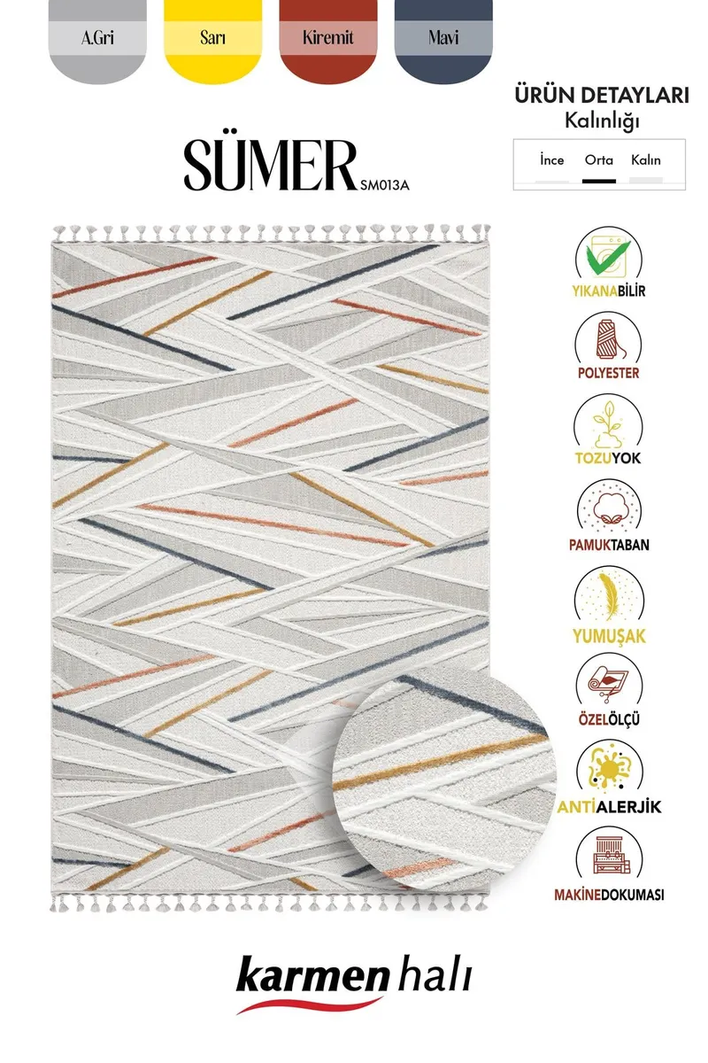 SUMER SM013A KREM RENGI HALI RENKLI GEOMETRIK DESENLI DEKORATIF MODERN SALON HALISI — Görsel 6