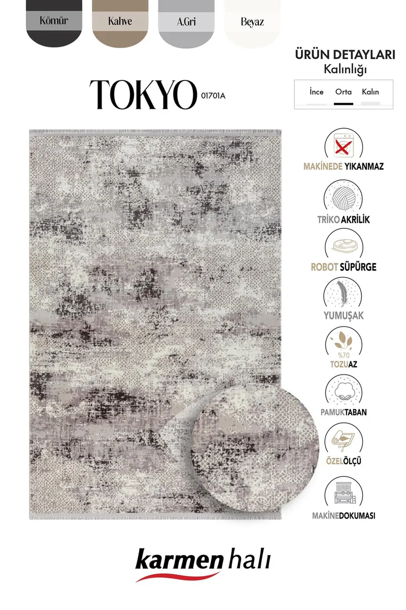 TOKYO 1701 GRI HALI ANTRASIT DETAYLI MODERN KLASIK DESEN AKRILIK HALI KAYMAZ TABAN TOZUAZ SALON HALI — Görsel 6