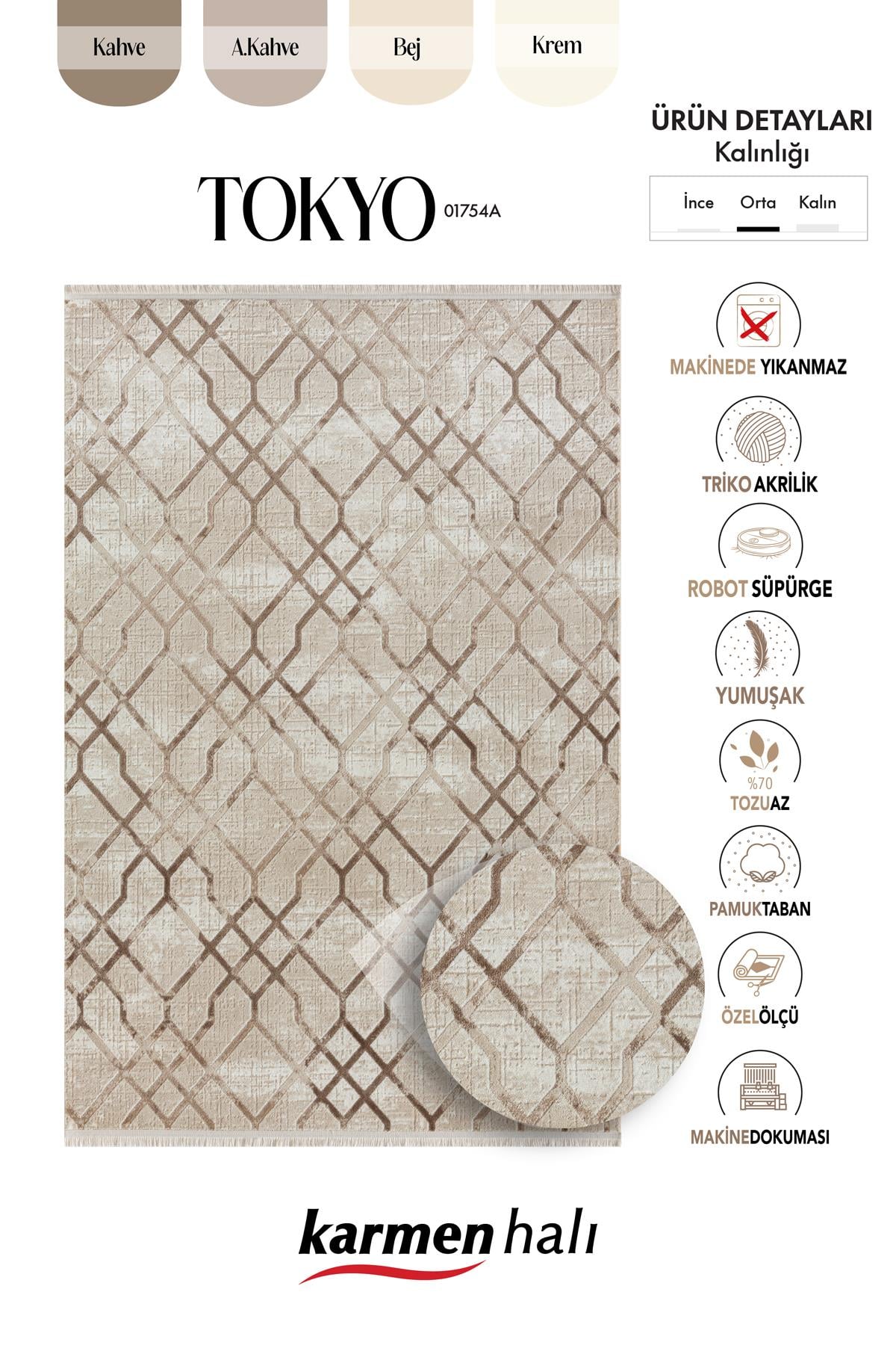 TOKYO 1754 BEJ HALI KAHVERENGI DETAYLI GEOMETRIK DESEN MODERN AKRILIK HALI KAYMAZ TABAN TOZUAZ — Görsel 6