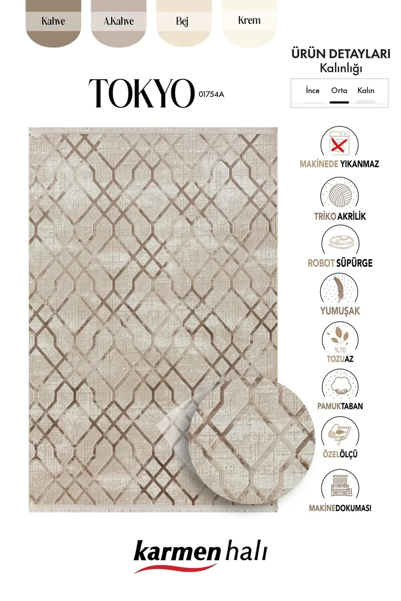 TOKYO 1754 BEJ HALI KAHVERENGI DETAYLI GEOMETRIK DESEN MODERN AKRILIK HALI KAYMAZ TABAN TOZUAZ — Görsel 6