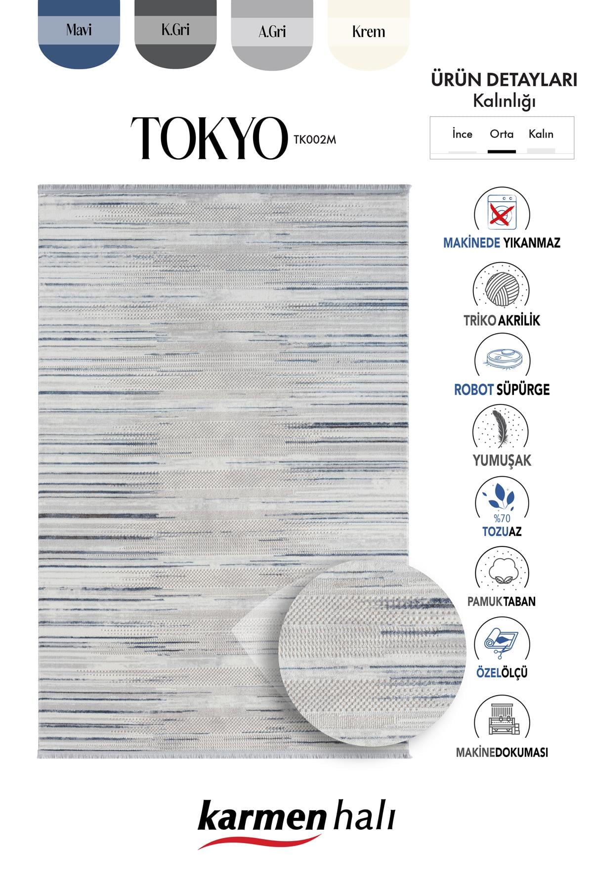 TOKYO TK002M GRI HALI LACIVERT DETAYLI MODERN AKRILIK KAYMAZ TABAN TOZUAZ SALON HALISI YATAK ODASI — Görsel 6