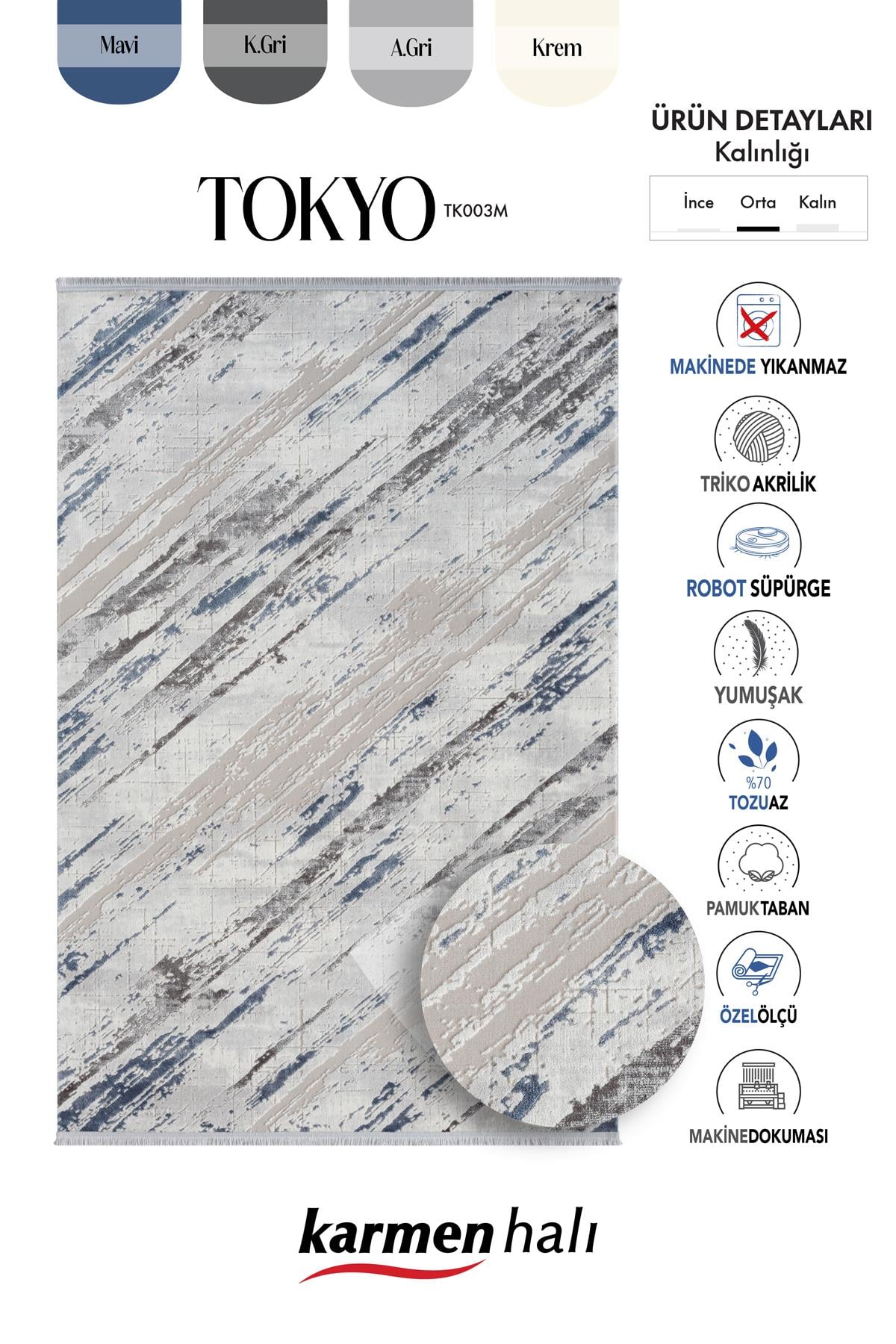 TOKYO TK003M GRI HALI LACIVERT DEYATLI MODERN AKRILIK HALI KAYMAZ TABAN TOZUAZ SALON HALISI KORIDOR — Görsel 6