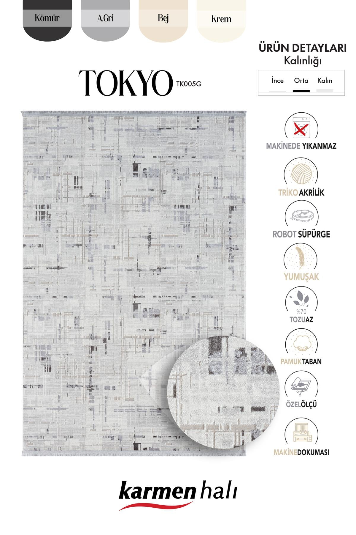 TOKYO TK005G GRI HALI ANTRASIT DETAYLI MODERN AKRILIK HALI KAYMAZ TABAN TOZUAZ SALON HALISI KORIDOR — Görsel 6