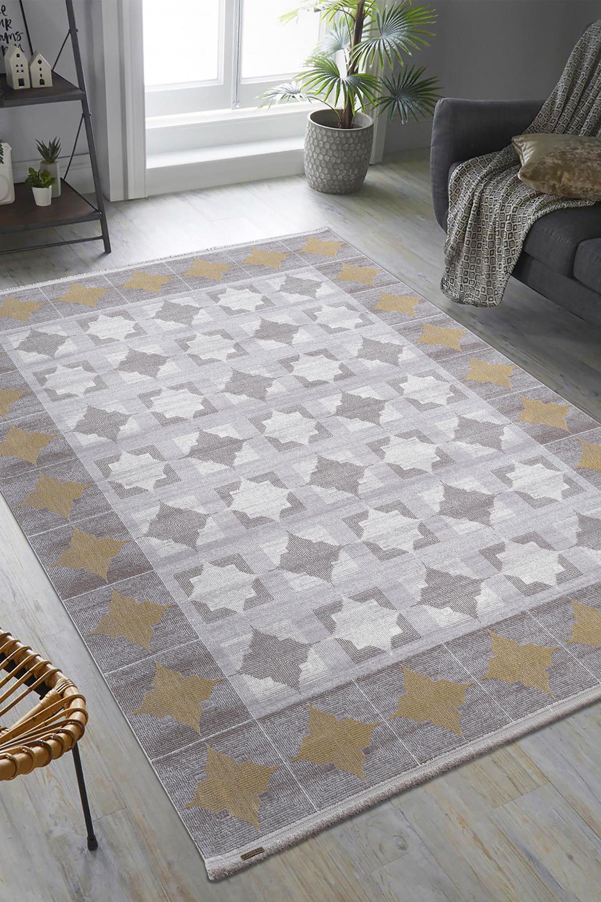 TREND TR008A GRI HALI GOLD DETAYLI KLASIK GEOMETRIK DESENLI AKRILIK YUMUSAK SALON HALISI — Görsel 2