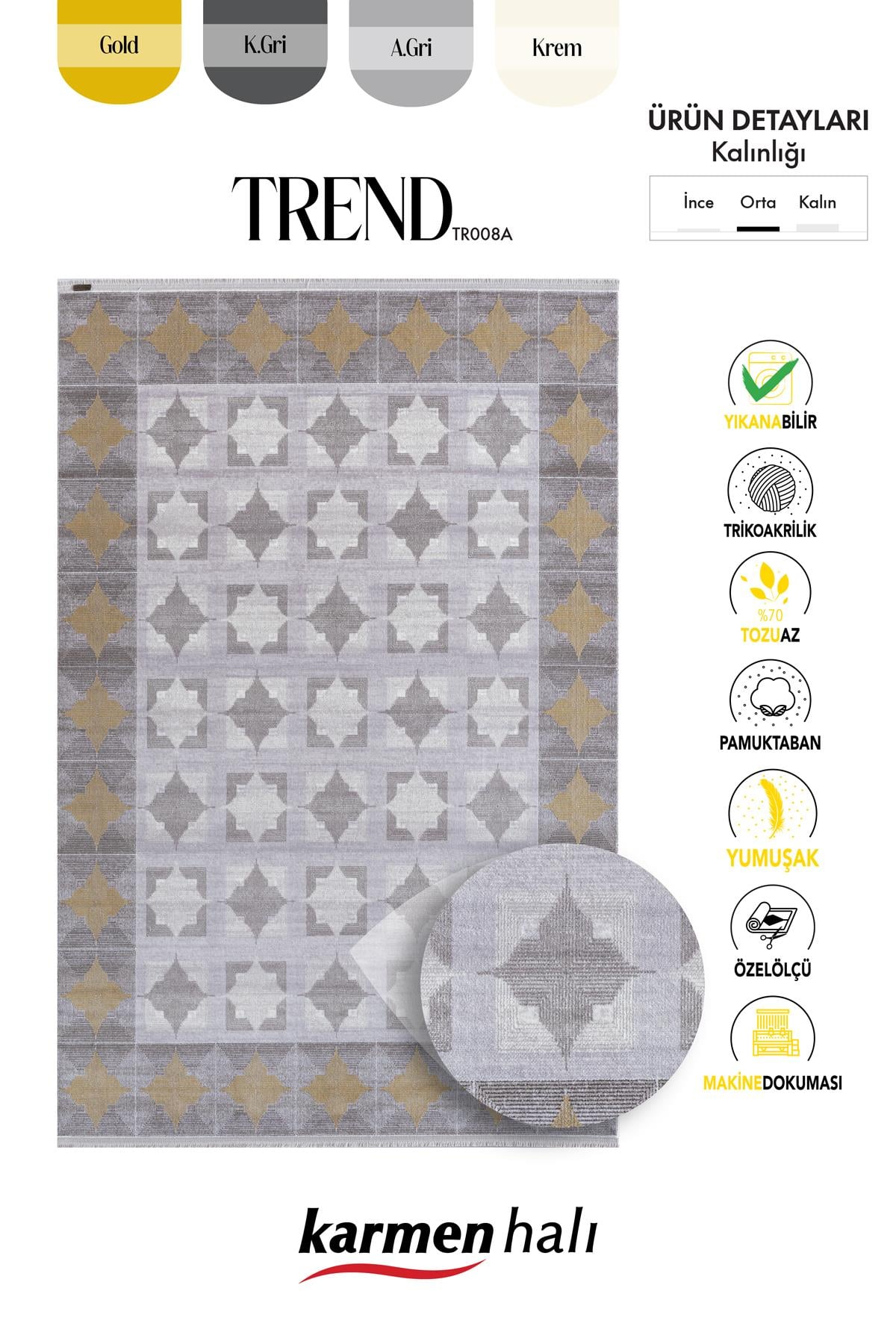 TREND TR008A GRI HALI GOLD DETAYLI KLASIK GEOMETRIK DESENLI AKRILIK YUMUSAK SALON HALISI — Görsel 7