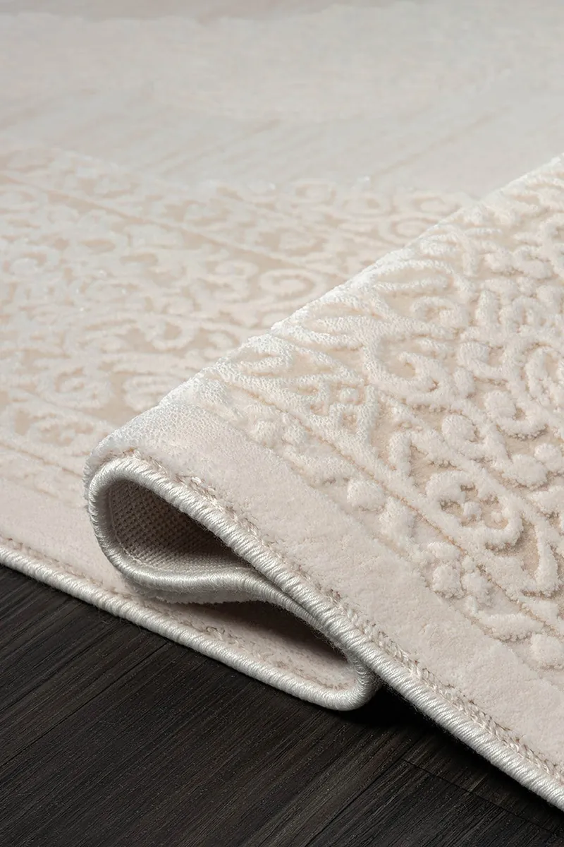 TRUVA 8342 OVAL KREM HALI BEJ DETAYLI KALIN AKRILIK TOZUAZ MODERN KLASIK SALON HALISI KORIDOR OVAL — Görsel 3