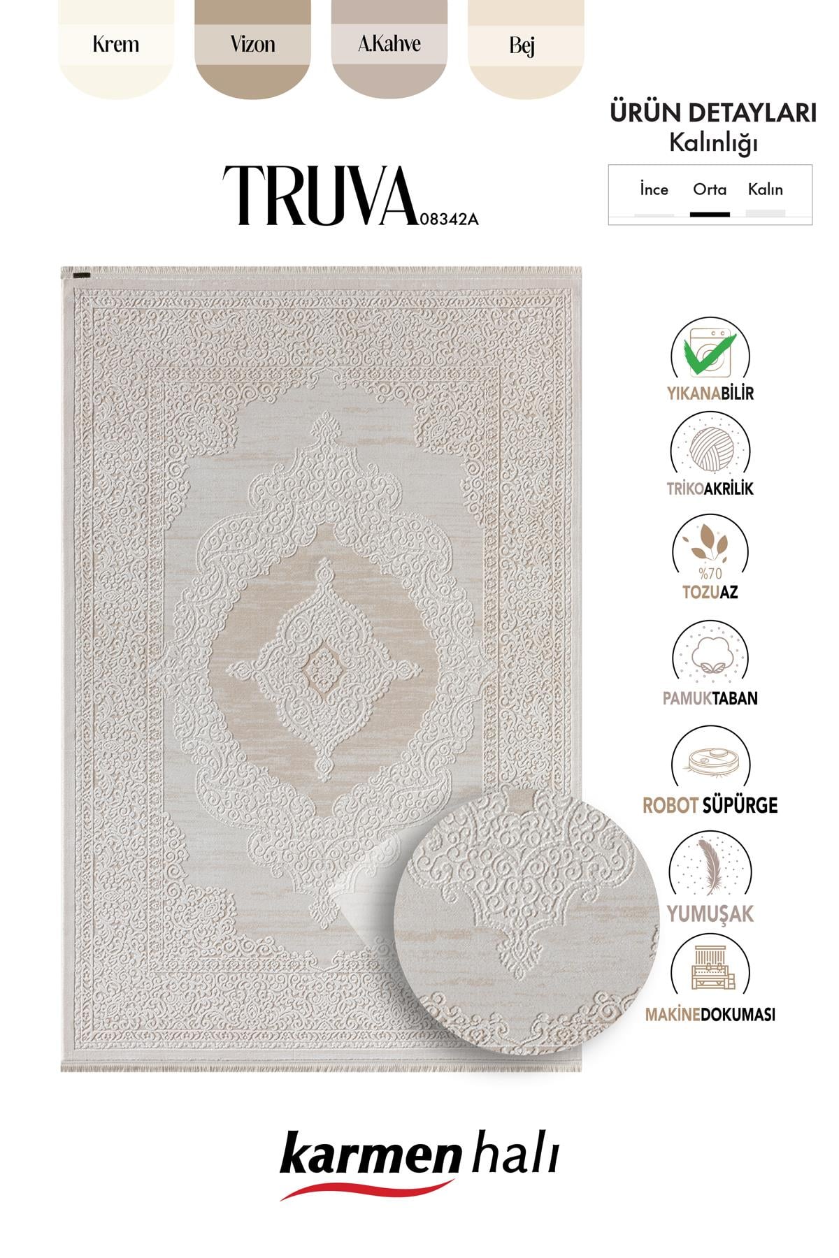 TRUVA 8342 OVAL KREM HALI BEJ DETAYLI KALIN AKRILIK TOZUAZ MODERN KLASIK SALON HALISI KORIDOR OVAL — Görsel 6