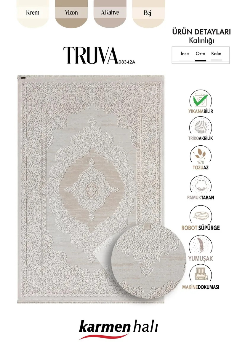 TRUVA 8342 OVAL KREM HALI BEJ DETAYLI KALIN AKRILIK TOZUAZ MODERN KLASIK SALON HALISI KORIDOR OVAL — Görsel 6