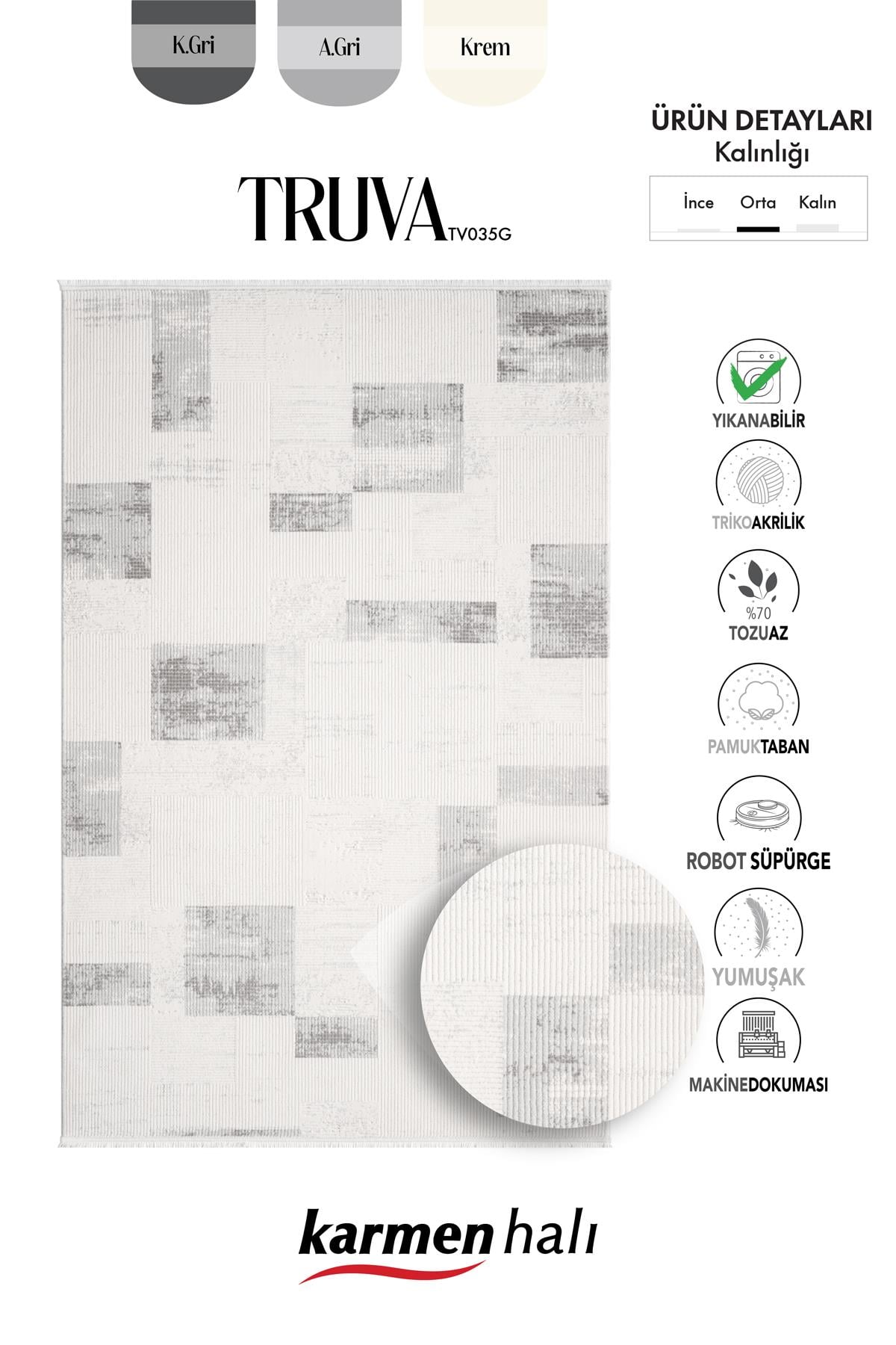 TRUVA TR035G KREM RENGI HALI GRI GEOMETRIK DETAYLI AKRILIK YUMUSAK MODERN SALON HALISI — Görsel 6