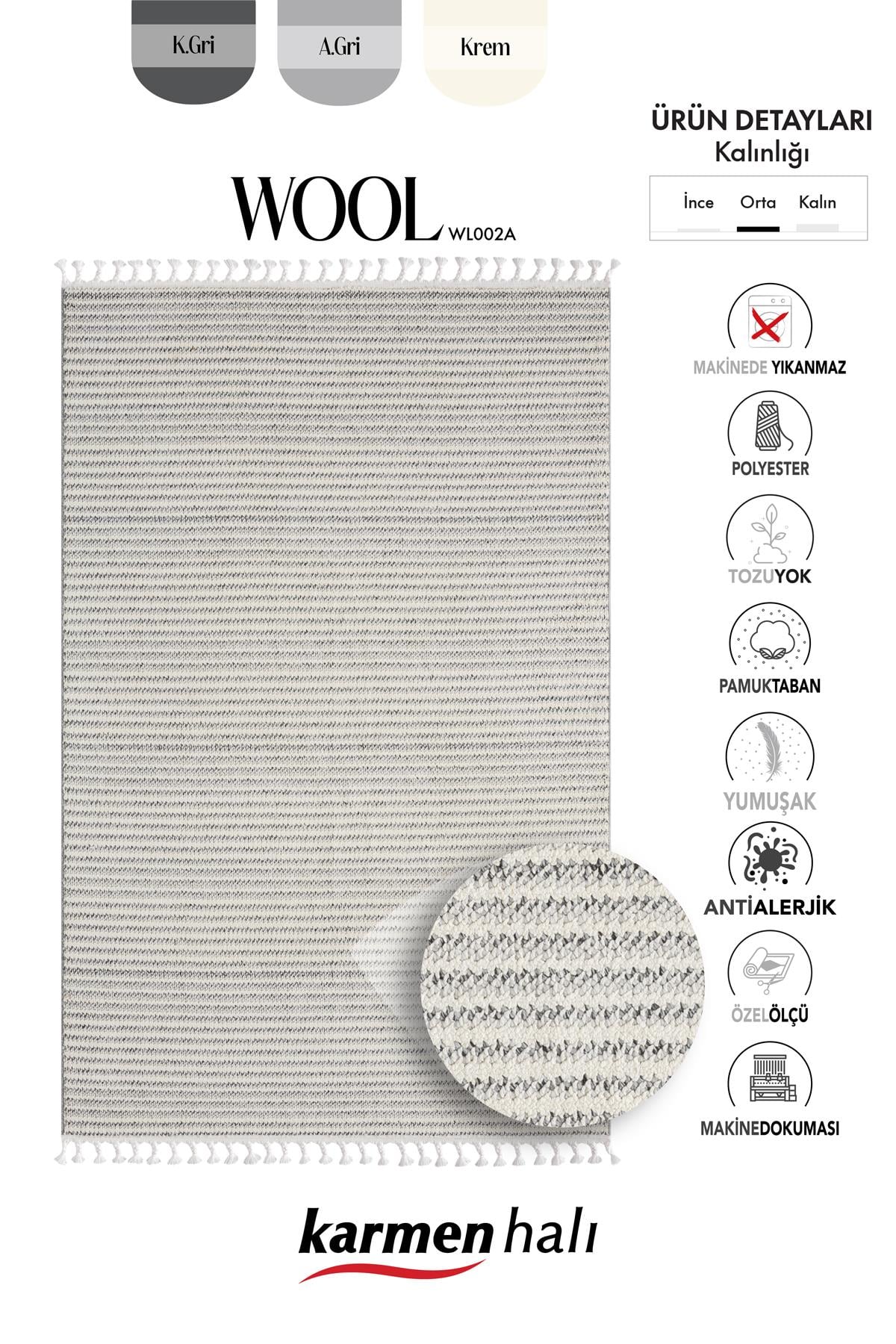 WOOL WL002A BEJ HALI SISAL BUKLE DEKORATIF KABARTMALI HALI TOZSUZ ANTIALERJIK SALON HALISI KORIDOR — Görsel 6