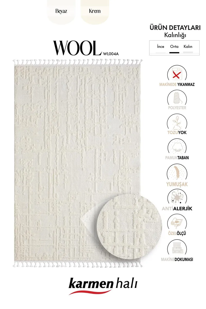 WOOL WL004A BEJ HALI SISAL BUKLE DEKORATIF KABARTMALI HALI TOZSUZ ANTIALERJIK SALON HALISI KORIDOR — Görsel 6