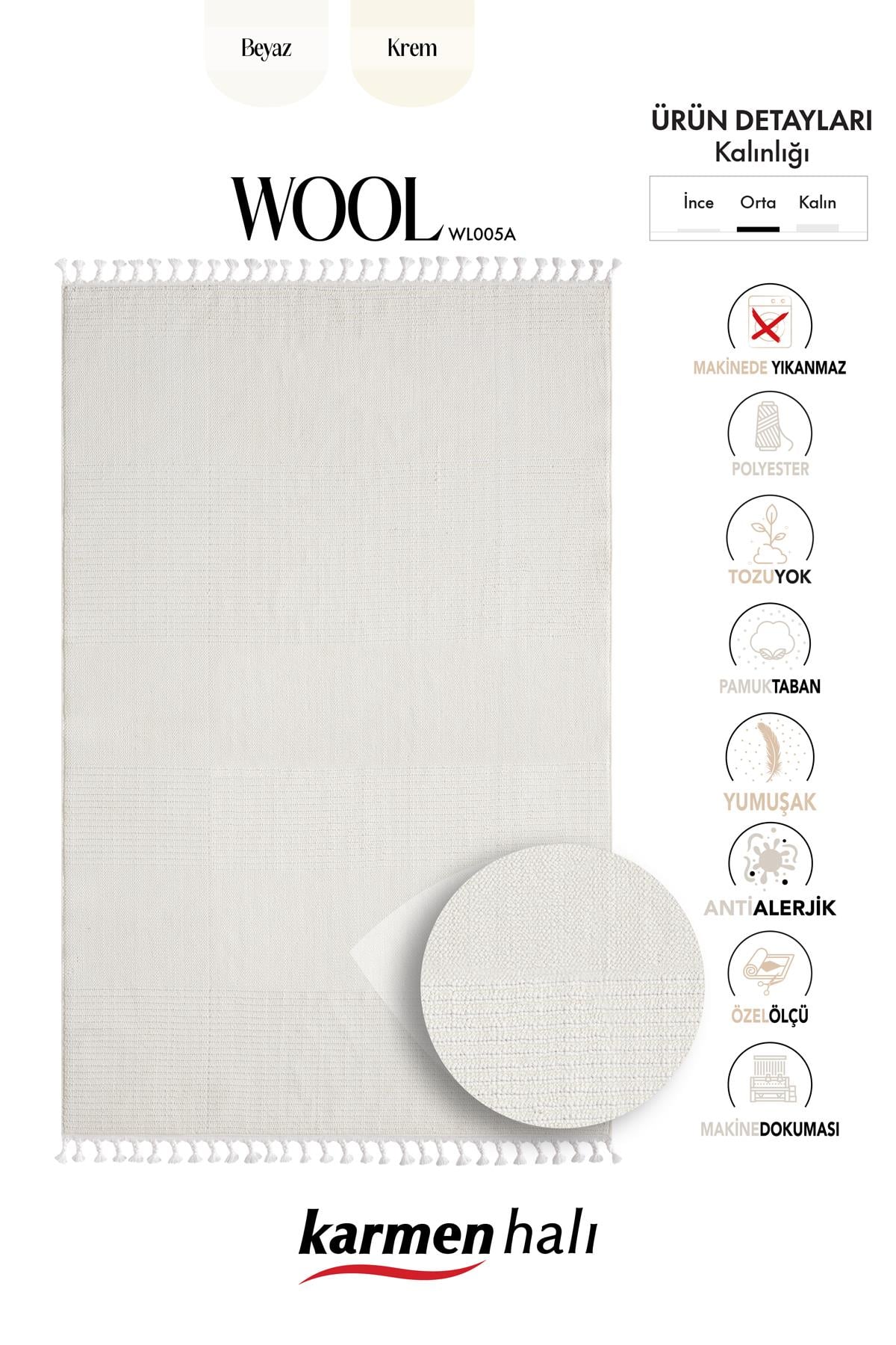 WOOL WL005A BEYAZ HALI SISAL BUKLE DEKORATIF TOZSUZ ANTIALERJIK SALON HALISI YATAK ODASI KORIDOR — Görsel 6