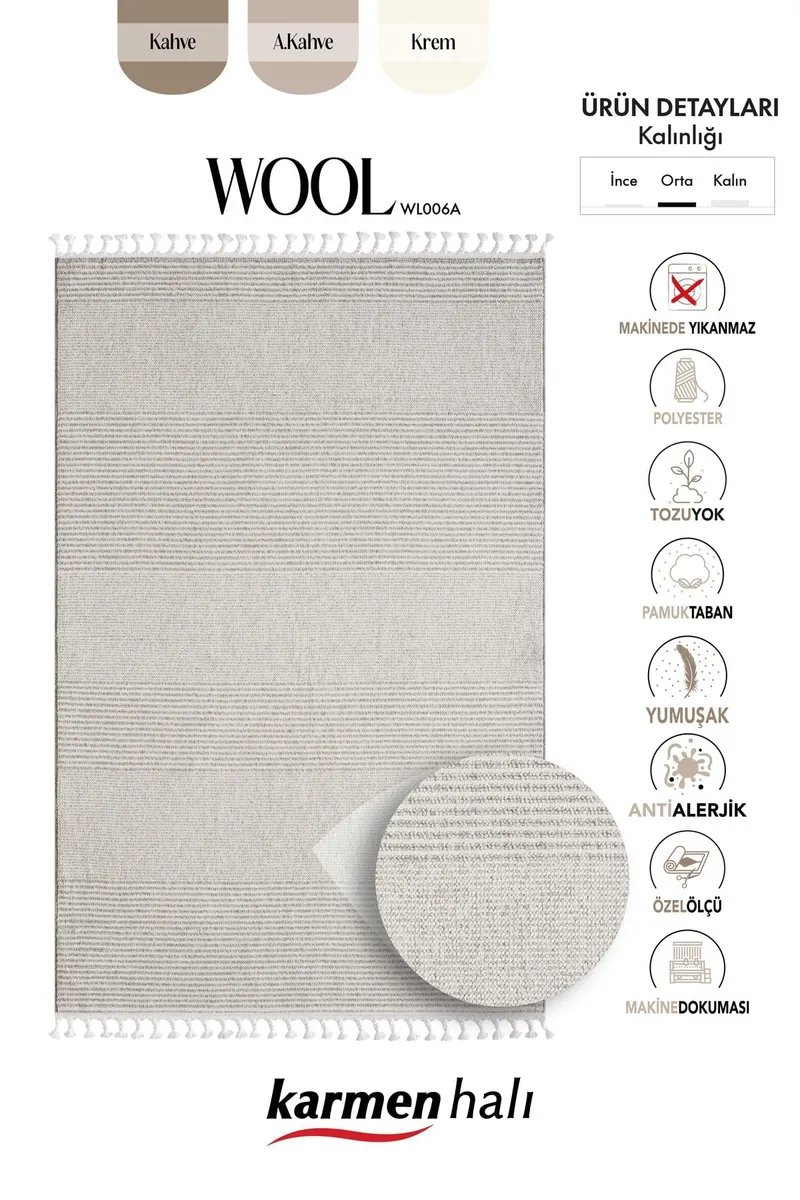 WOOL WL006A GRI HALI SISAL BUKLE DEKORATIF TOZSUZ ANTIALERJIK SALON HALISI YATAK ODASI KORIDOR — Görsel 6