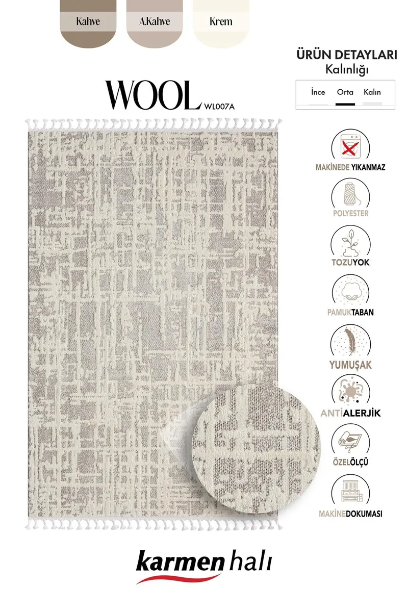 WOOL WL007A BEJ HALI SISAL BUKLE DEKORATIF KABARTMALI HALI TOZSUZ ANTIALERJIK SALON HALISI KORIDOR — Görsel 6