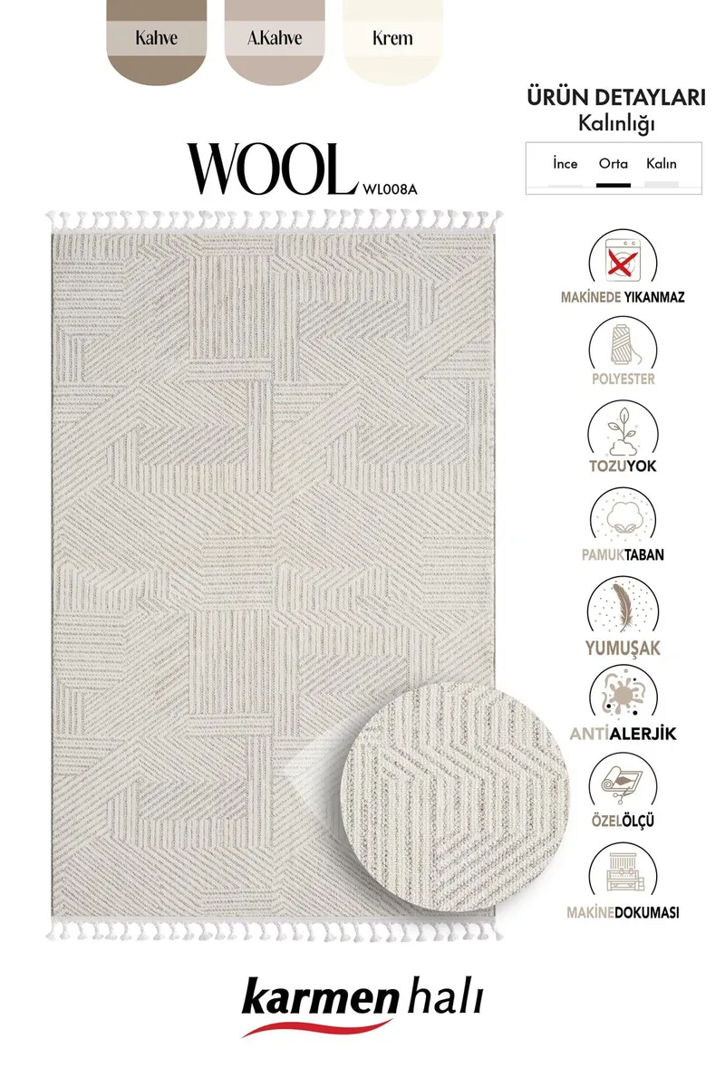 WOOL WL008A BEJ HALI SISAL BUKLE DEKORATIF KABARTMALI HALI TOZSUZ ANTIALERJIK SALON HALISI KORIDOR — Görsel 6